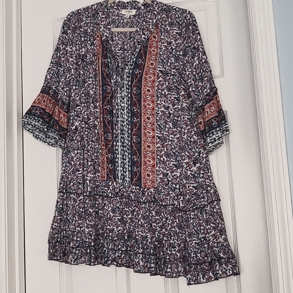 Umgee, medium, navy/cream/burgundy print dress